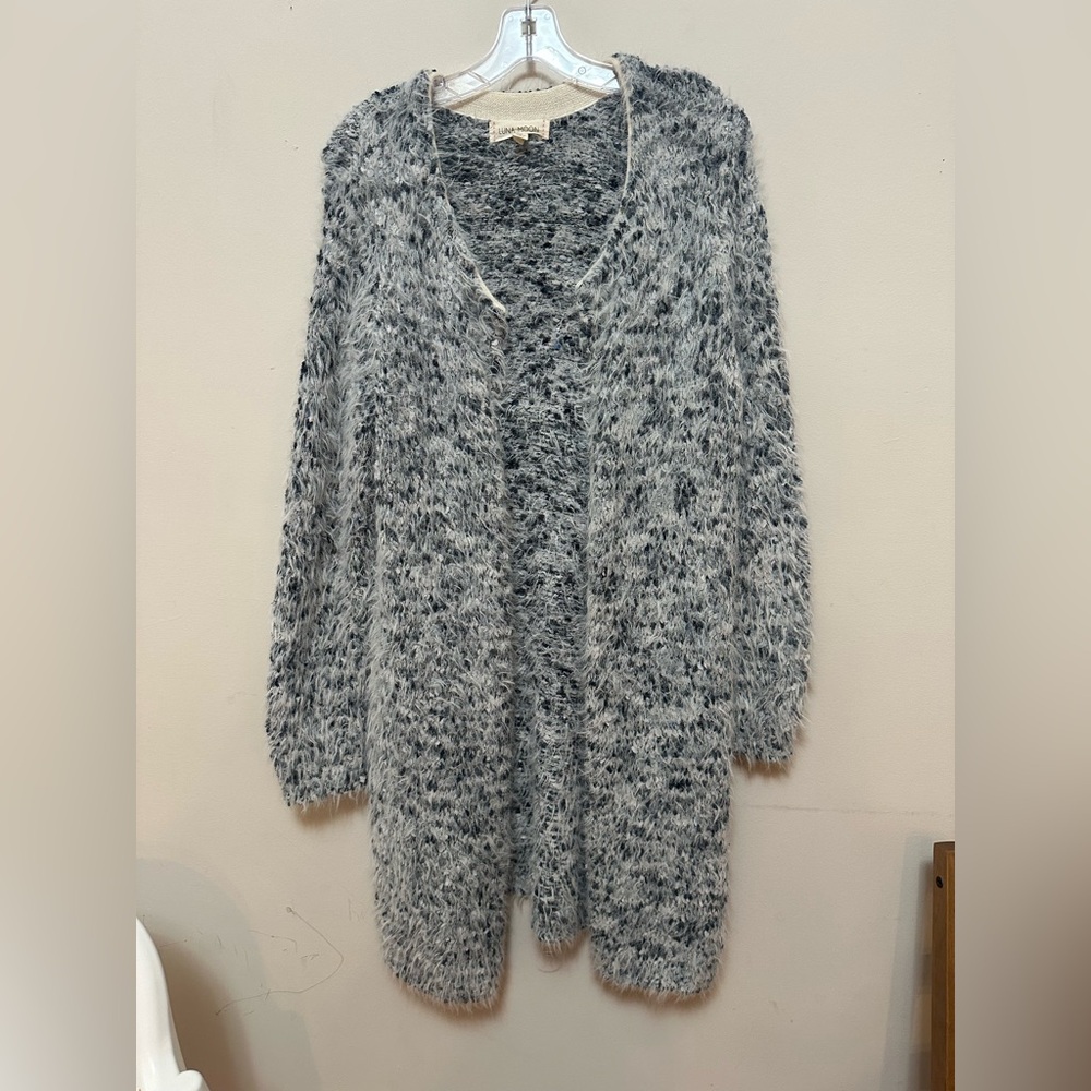 Luna Moon Chunky Eyelash Knit Open Front Cardigan Coatigan Gray Mix – XL